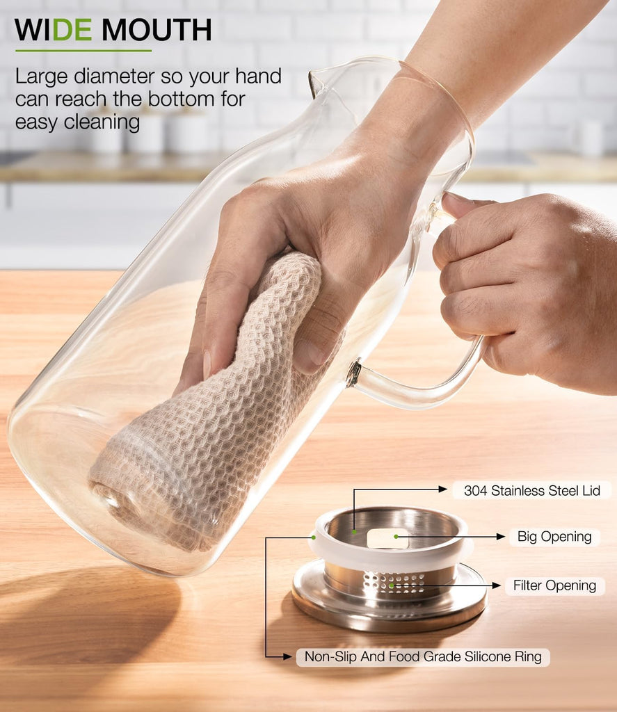 LUNA&MANTHA Glass Pitcher, 2 Liter 68oz Water Pitcher with Lid and Spout, Large Ice Tea Jug for Fridge, Thick Drink