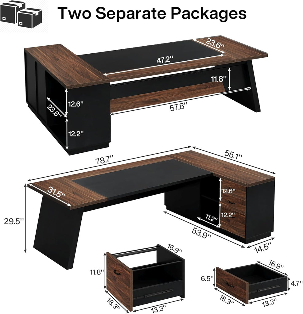 78" L-Shaped Executive Desk, Large Office Desk with Drawers and File Cabinet, Modern Business Furniture (Walnut & Black)