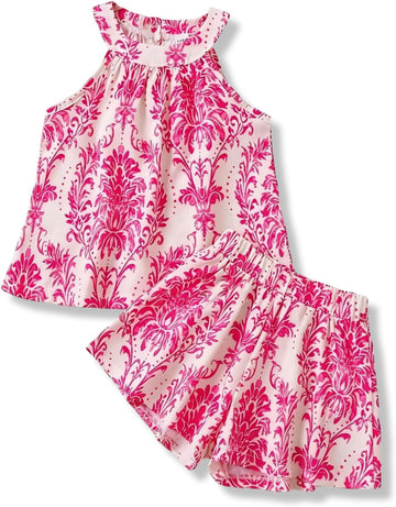 Girls Summer Outfits 2 Piece Halter Neck Floral Sleeveless Top and Short Pants Set Clothes for Kids Years
