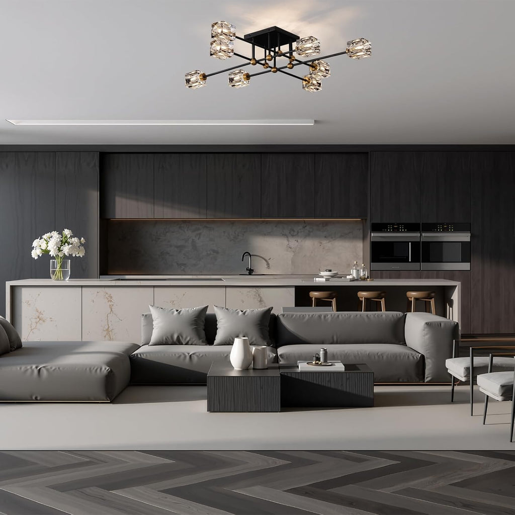 8-Light Crystal Ceiling Light Fixture Black and Gold Semi Flush Mount Ceiling Light Modern Chandeliers for Dining