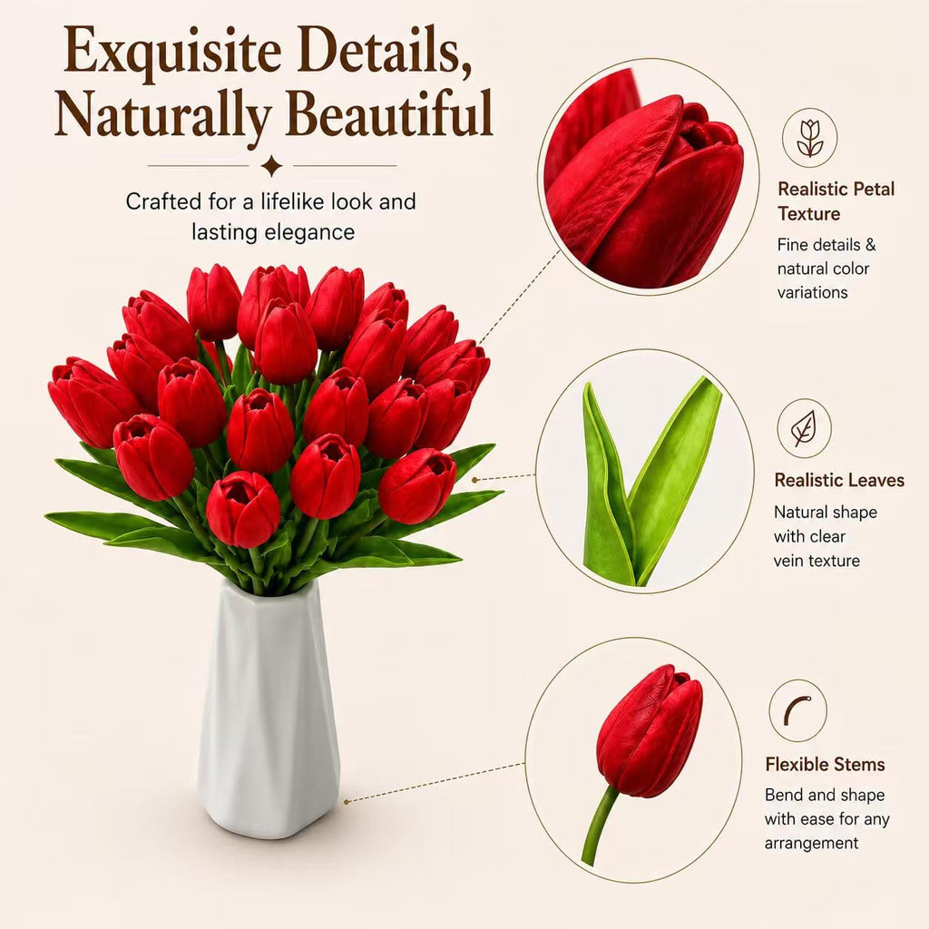 20 Stems Red Artificial Tulip Flowers Centerpieces