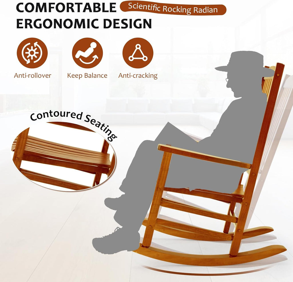 Wooden Oversized Porch Rocker Chair with High Back and Armrest, All Weather Slatted Rocker for Backyard, Garden, 400