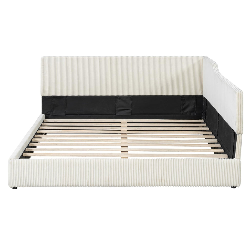 Full Corner bedframe with Comfortable backrest, Upholstered daybed, L-Shape daybed Living Room, Beige + Corduroy