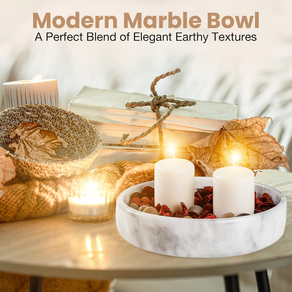 Marble Decorative Bowl - 7.5" White/Grey Solid Marble Centerpiece - Stone Fruit Bowl - Catch-All or Key Bowl - Modern