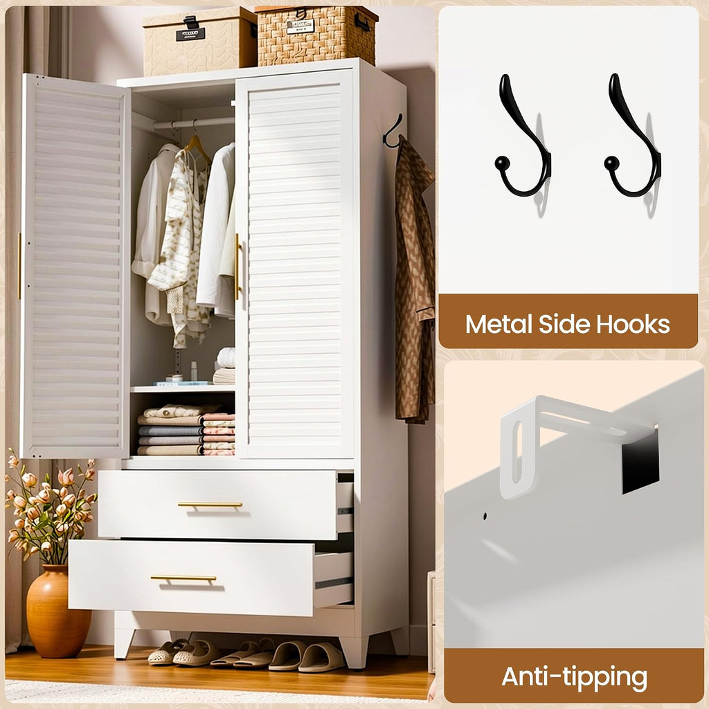 Metal Armoire Wardrobe Closet, 71" Clothing Storage Cabinets with Adjustable Hanging Rod and Shelves , Louvered