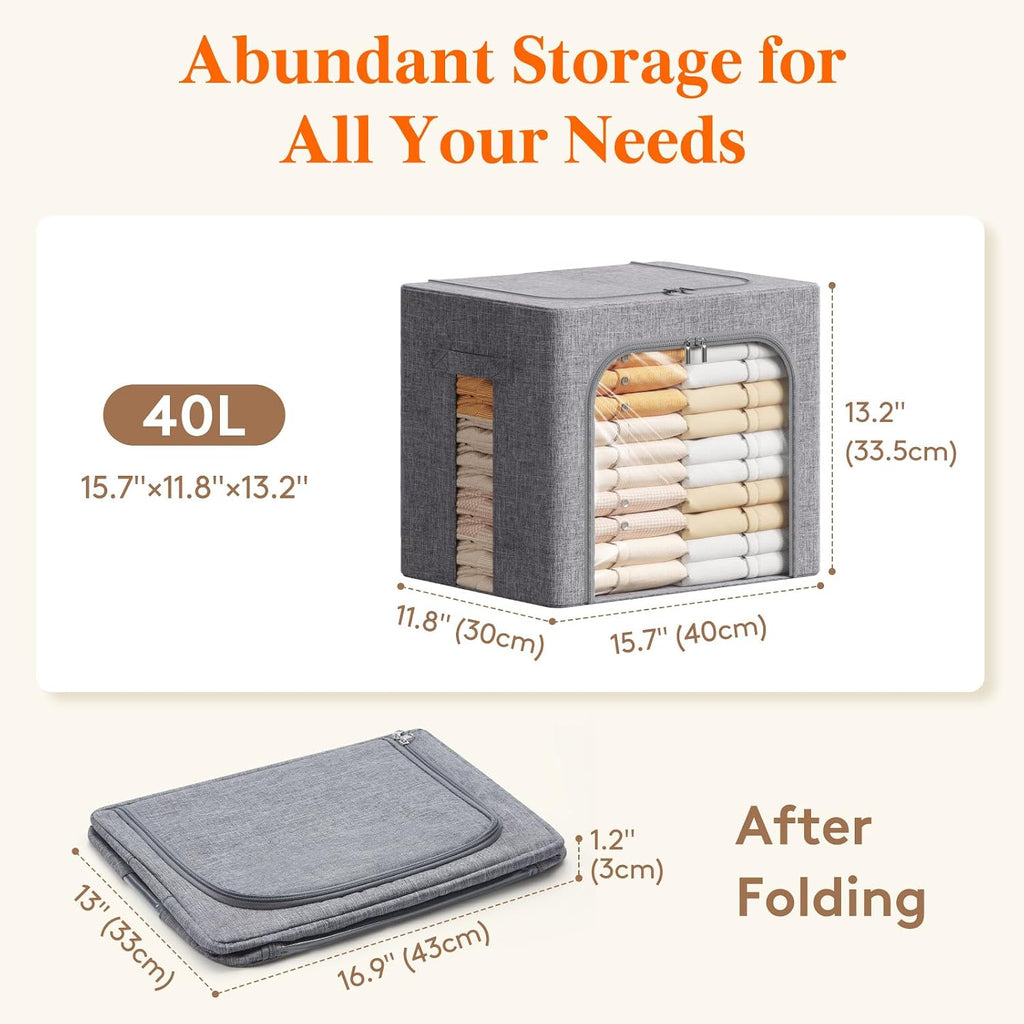 Clothes Storage Bins with Metal Frame, Stackable Storage Box, Foldable Clothing Storage Bins with Lids, 40L Storage