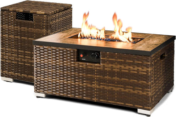 32'' Rattan Wicker Propane Fire Pit Table w/Tank Holder Rectangle