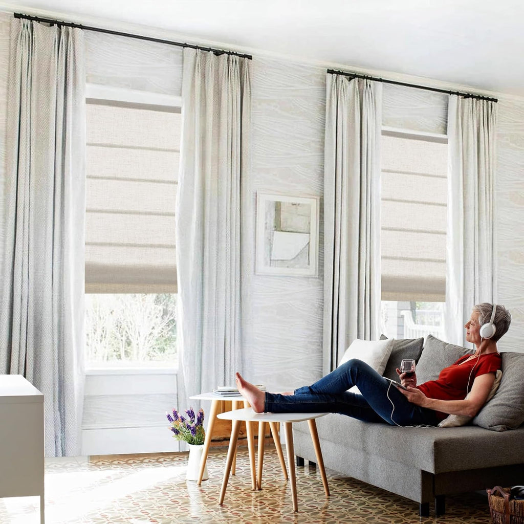 Cordless Linen Roman Shades, Natural Custom Fabric Room Darkening Roman Window Shades Blinds for Doors, French Doors
