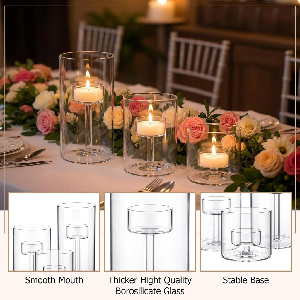 3 Set Hurricane Glass Candle Holders Pillar Votive Hand Blown Clear Cylinder Vase Modern Rustic Table Centerpieces