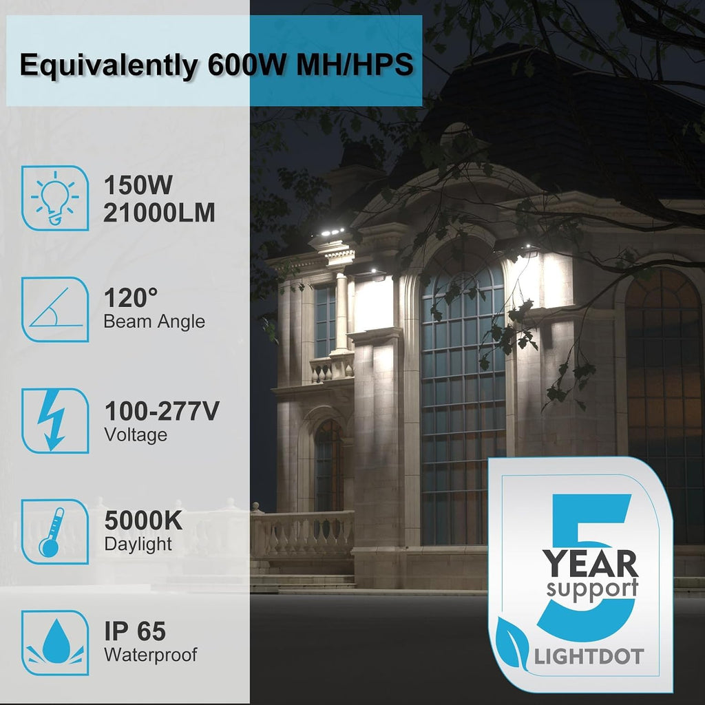 6Pack 150W LED Flood Light Outdoor with Knuckle, 100-277VDriver Equipped, 5 Years: IP65 Waterproof 21000LM, 5000K