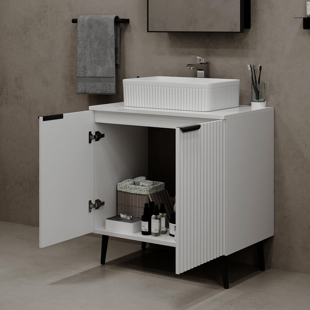 30" Bathroom Vanity, White Fluted Bathroom Vanity with Ceramic Sink and Countertop