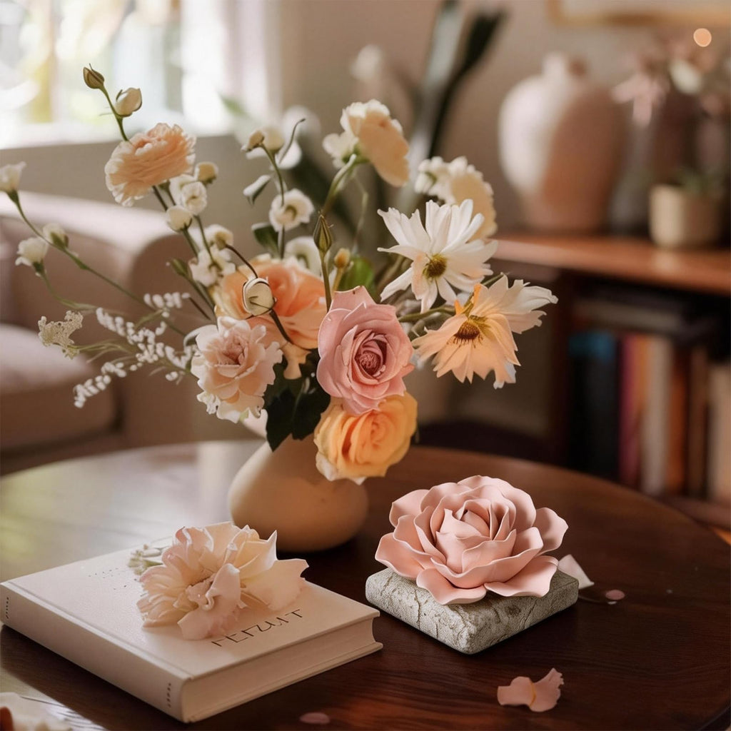 Ceramic Passive Essential Oil Diffuser, Aesthetic Desktop Handmade Flower & Concrete Base, Porcelain Aromatherapy