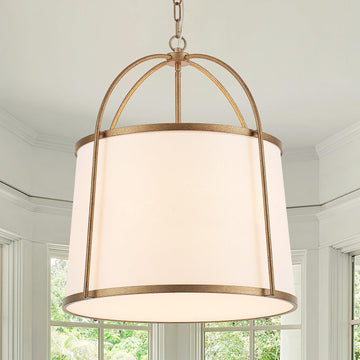 Rustic Modern Chandelier for Entryway, Dining Room Chandelier with Off-White Fabric Shade, Gold Pendant Light Fixture