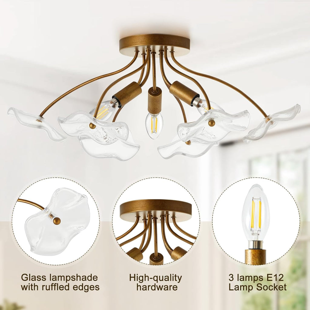 Semi Flush Mount Ceiling Light, Modern Gold Ceiling Light Fixture, Vintage Brass Lighting Entryway Hallway Bathroom