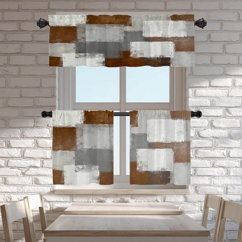 Umber Abstract Brush Painting Valance Curtains, Green Modern Window Treatment Kitchen Valances Multilayer Polyester