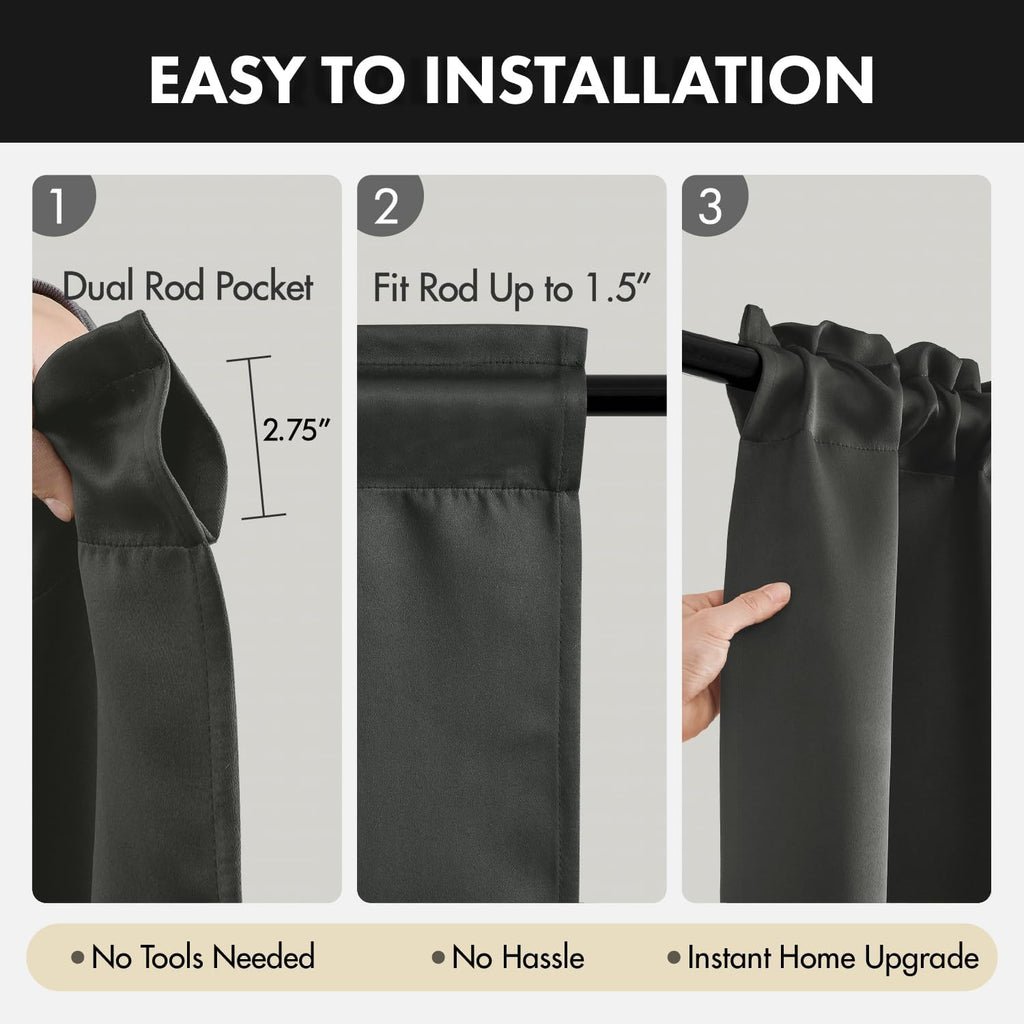 Blackout Curtains 4 Panels Sets Dark Grey, Top and Bottom Rod Pocket Room Darkening Curtains