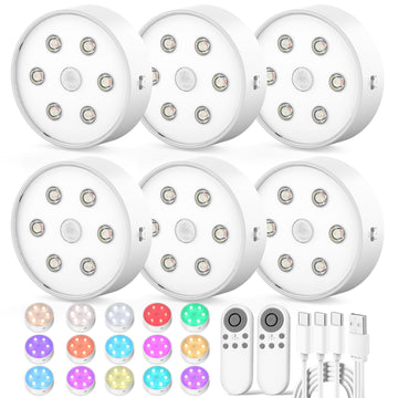 Rechargeable Under Cabinet Lighting 6 Pack, Wireless LED Puck Lights with Remote Control Sync and Groupable, 2600mAh