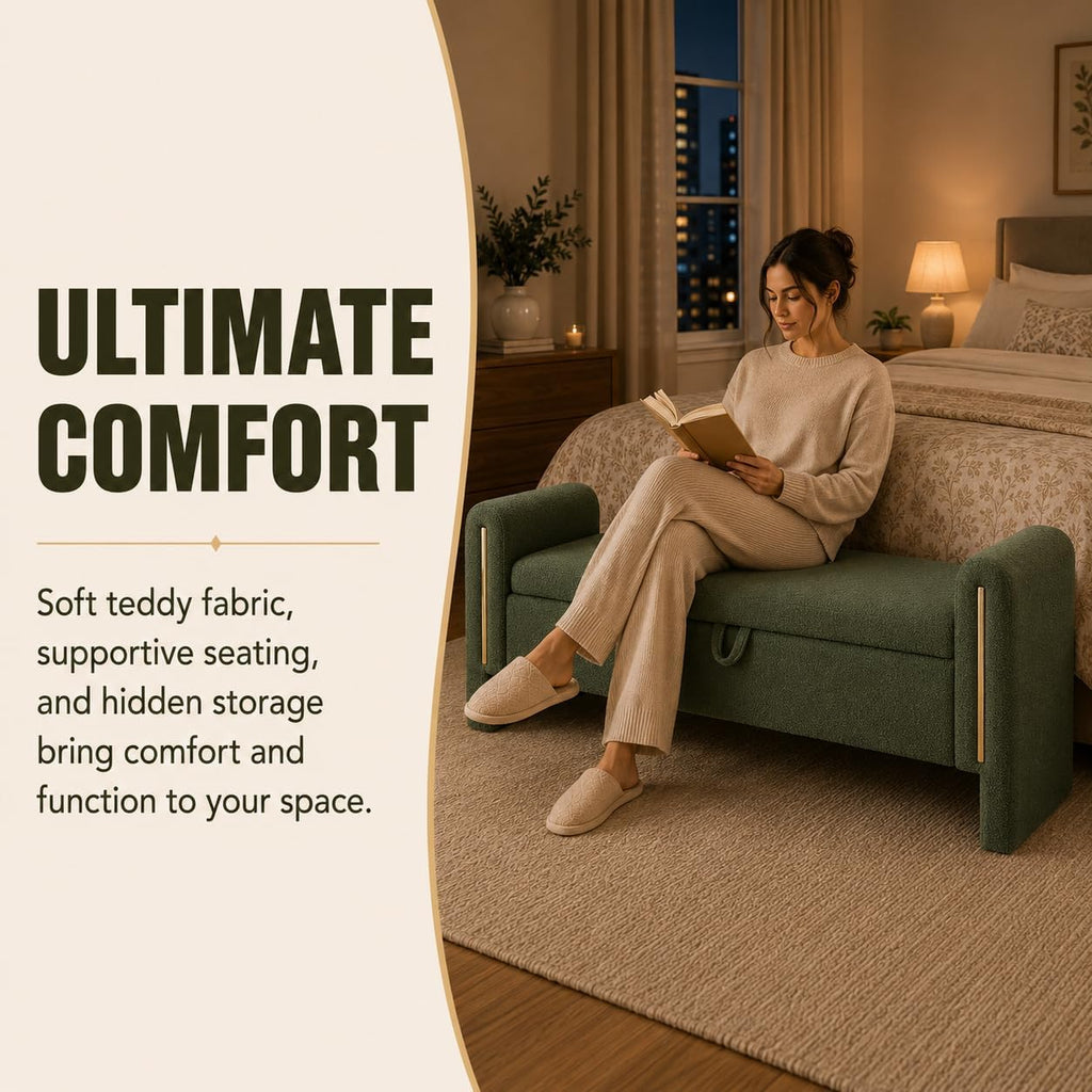 Modern 52" Storage Ottoman Bench, Upholstered End of Bed Storage Bench with Armrests, Entryway Bench, Teddy Foot Rest