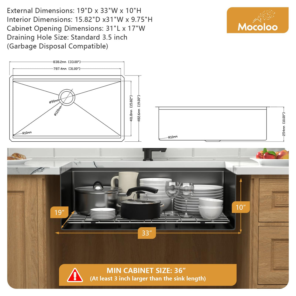 33 Inch Undermount - 33 x 19 Black Stainless Steel Sinks Ledge Workstation 16 Gauge Deep Single Bowl Handmade