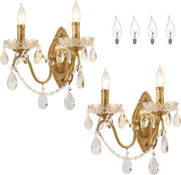 Crystal Wall Sconce Set of 2, Crystal wall sconces, Vintage wall sconces, Gold Brass Finish with Glass Drops, for Bedroom Living Room Bathroom Vanity Mirror Light Fixtures