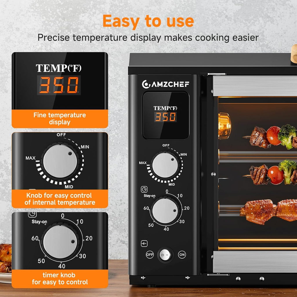 Electric Rotisserie Grill with 2-in-1 Cooking Mode,34QT Rotisserie Oven with 360° Auto-Rotating Heating, Dual Skewers