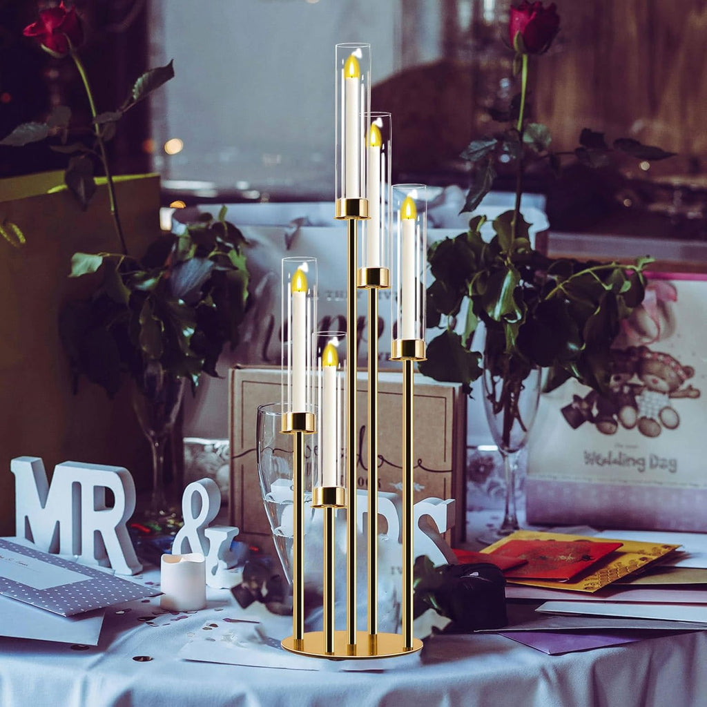 Candelabra Gold Centerpiece 5 Arms Taper Candle Holder Gold Centerpiece with Acrylic Tubes for Table Decoration
