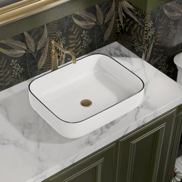 Bathroom Vessel Sink Rectangle Above Counter Porcelain Ceramic Sink Top Mount Rectanglar Countertop Sink for Bathroom 19.7"x15.2"x5.4" Glossy White with Black Rim