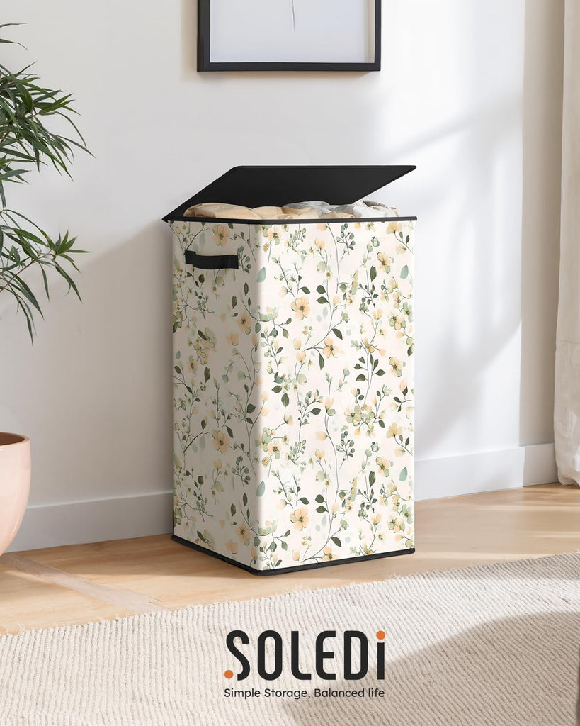 Laundry Hamper with Lid, 90L Tall & Large Floral Laundry Basket, Collapsible Clothes Hamper with Removable Bag, Dirty