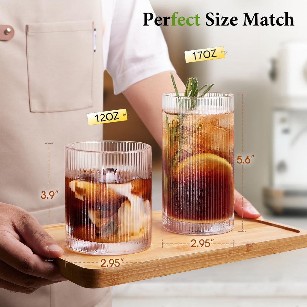 Drinking Water Glasses Set, Lead-Free Crystal Highball Glass, Tall Glass Cups for Cocktail Parties,ribbed set of