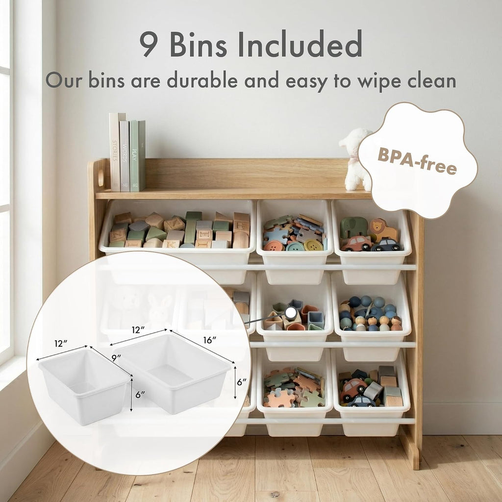 Kids Toy Organizer with Display Shelf, 9 Bins, 3 Tier Storage | Sturdy wood and steel toddler shelf, removable