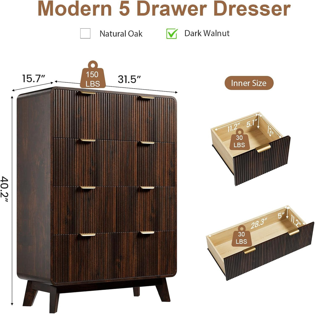 Fluted 5 Drawers Dresser , Modern 40.2" Tall Drawer Dressers with Metal Handle, Wooden Chest of Dresser , Solid Wood