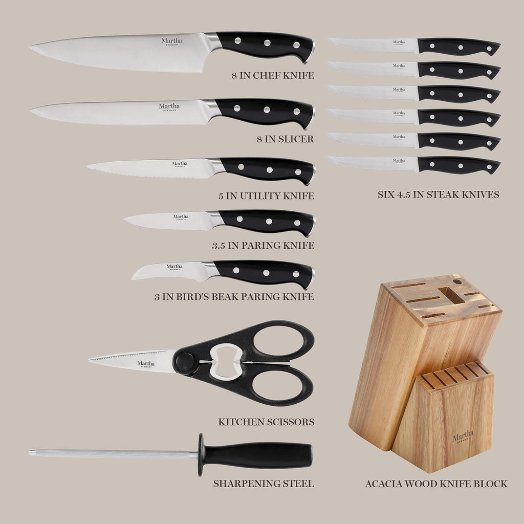 Greeley Forged High Carbon Stainless Steel 14 Piece Knife Block Set, Black Kitchen Knife Set with Acacia Wood Block