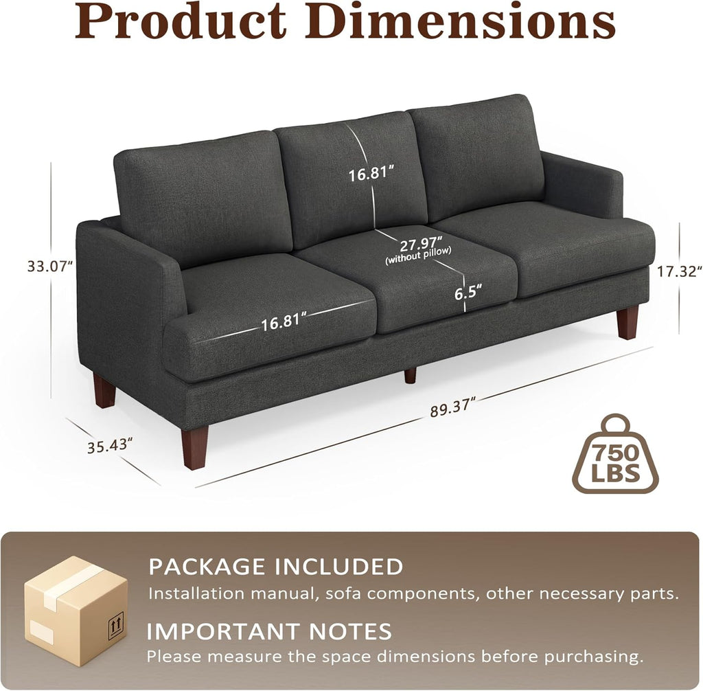 Mid Century Modern Couches , 89" Comfy Couch Sofa with 3-Seater Deep Seats, Upholstered Sofas Apartment, Bedroom