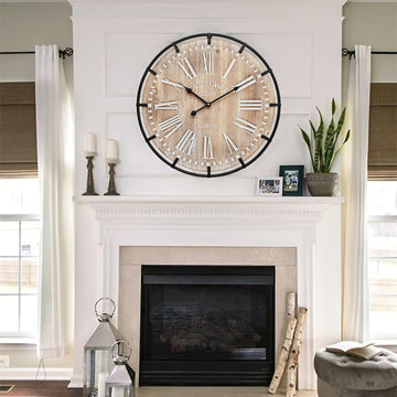 24 Inch Grand Farmhouse Wall Clock, Vintage-Inspired Wood & Metal Design with Large Etched Numbers