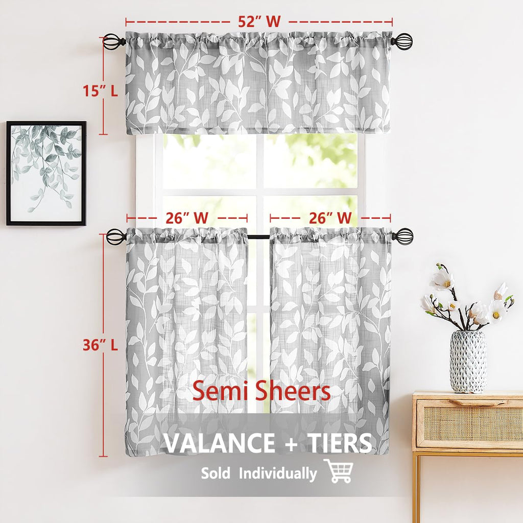 Grey White Kitchen Tier Curtains 27x36"L Short Leaf Print Cafe Curtain 2pc