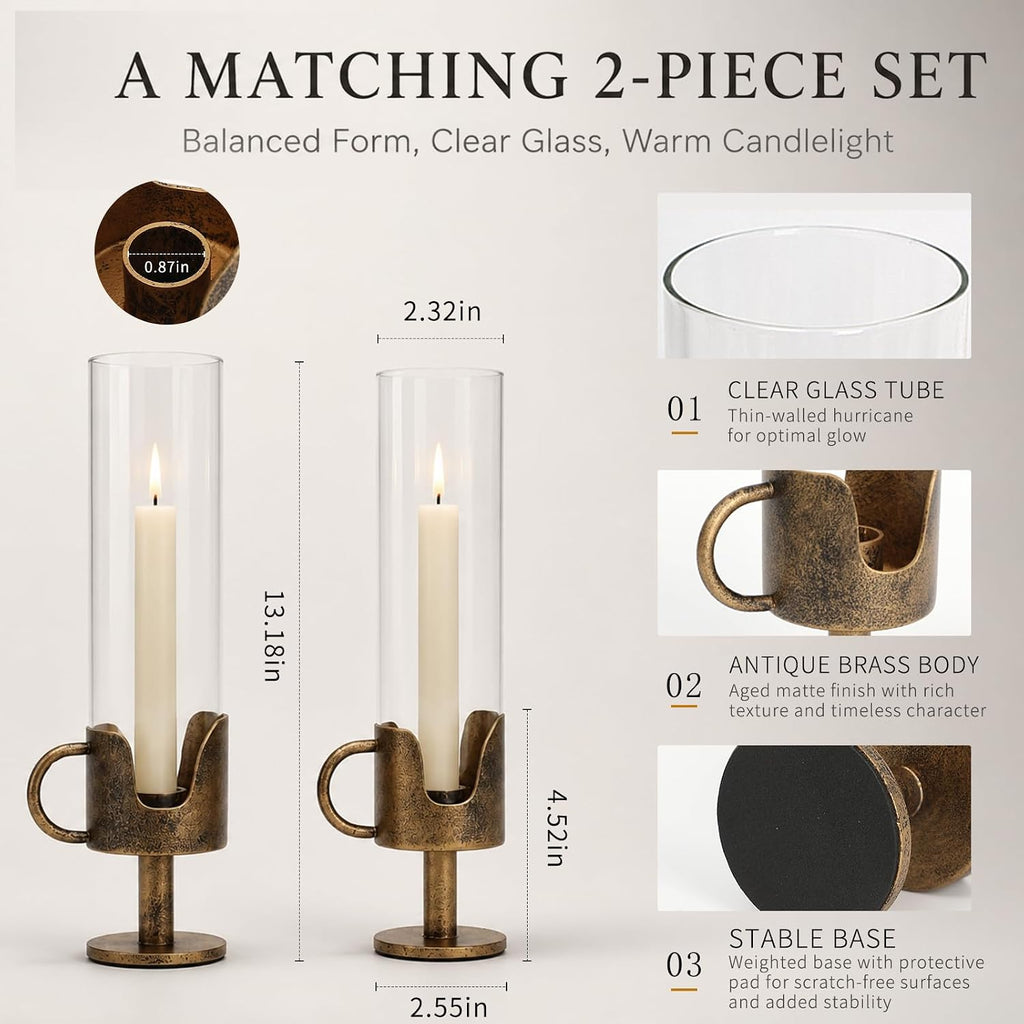 Antique Brass Hurricane Candle Holders with Clear Glass Tube, Set of 2 Vintage Taper Candlestick Holders for Dining