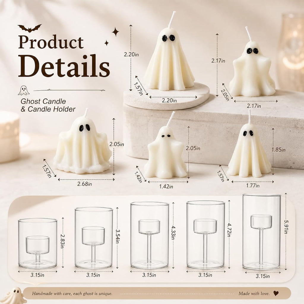 10 Pcs Halloween Glass Cylinder Hurricane Candle Holder with Halloween Ghost Candles, Clear Cylinder Pillar Candle