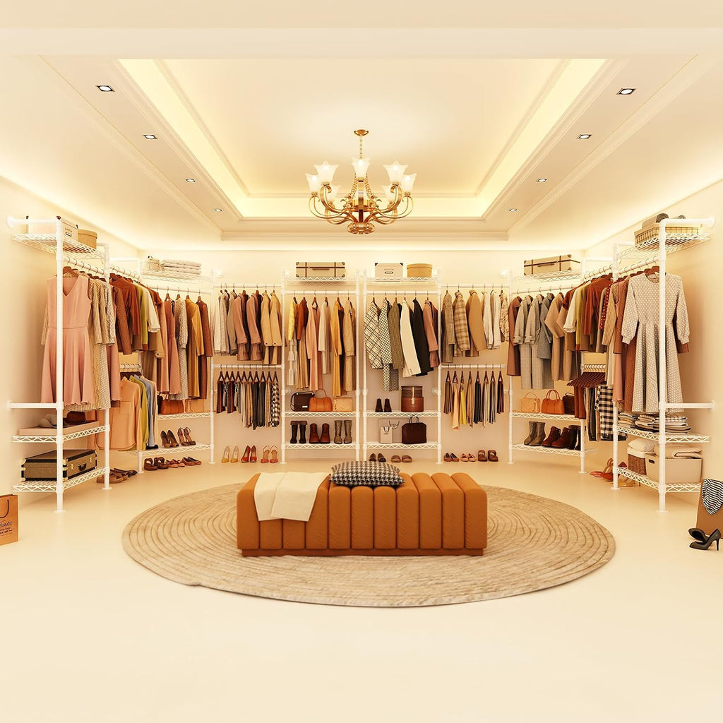 H5 Wall Mounted Closet System, Industrial Pipe Clothes Racks Clothing Rack with 4 Telescopic Rods & 3 Fixing Rods & 9