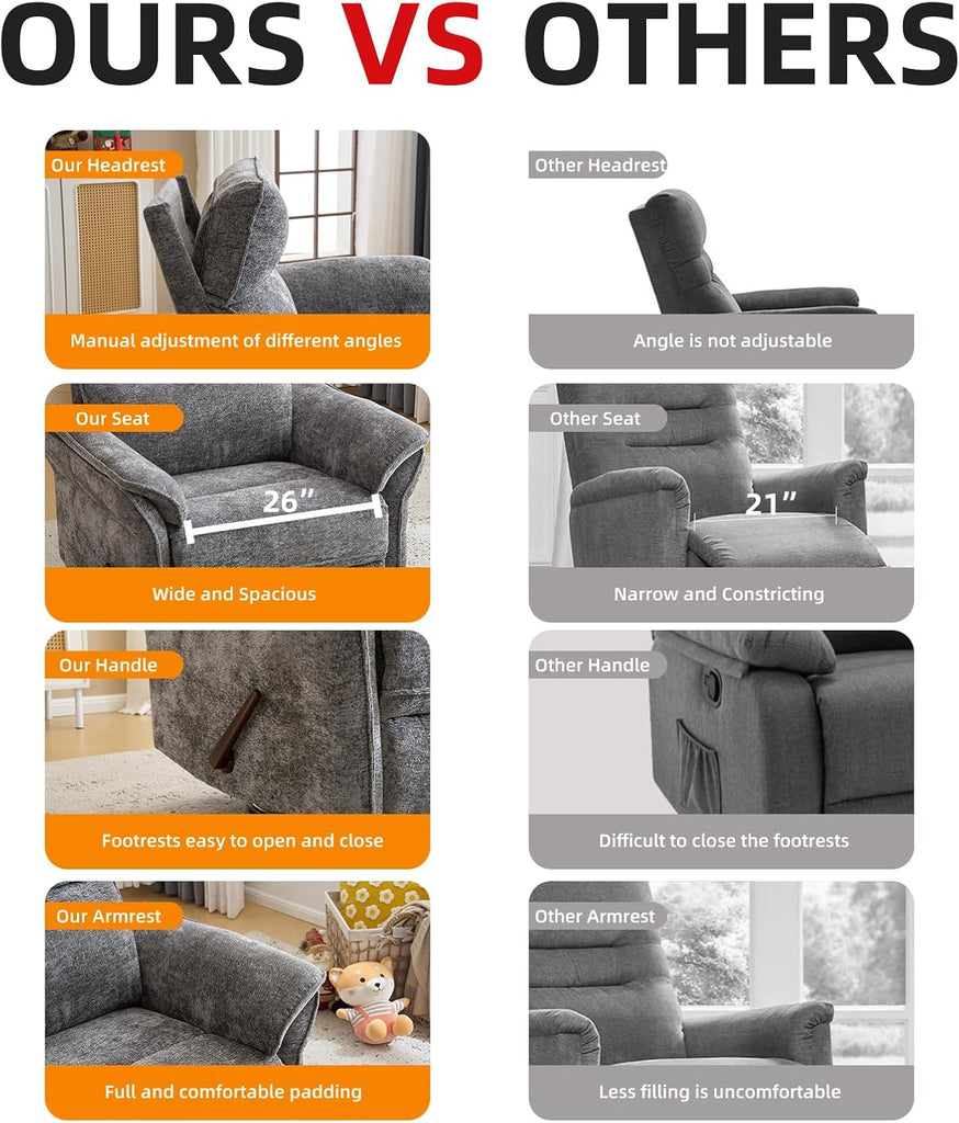 Oversized Glider Rocker Recliner, 24" Extra Wide 360° Swivel Nursery Recliner with Adjustable Headrest, Chenille