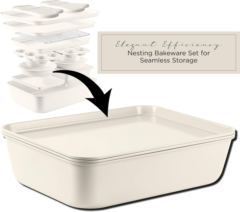 Nonstick Stackable Bakeware Set - Deluxe Heavy Duty, Durable, Easy Release Set, Cream, 13 Pcs