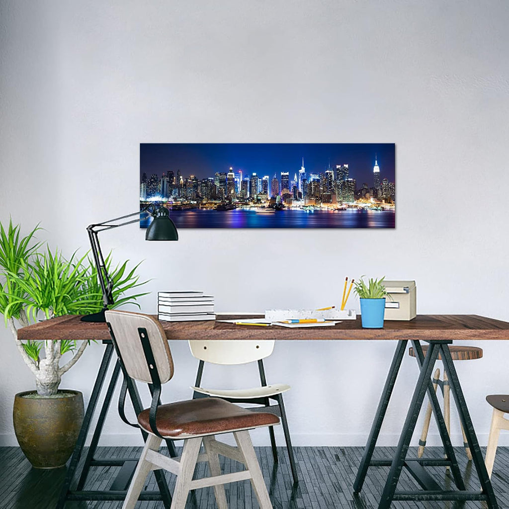 New York Wall Art Living Room Decor Beautiful Manhattan City Skyline Night Light Photo Poster Prints on Canvas Blue