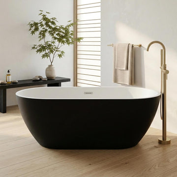 59 Inch Acrylic Freestanding Bathtub, Deep Soaking Tub with White Interior Black Exterior, Oval Stand Alone Acrylic