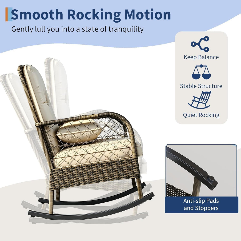 Outdoor Wicker Rocking Chair, Patio Rattan Rocker Chair with Cushions & Steel Frame, All-Weather Rocking Lawn Wicker