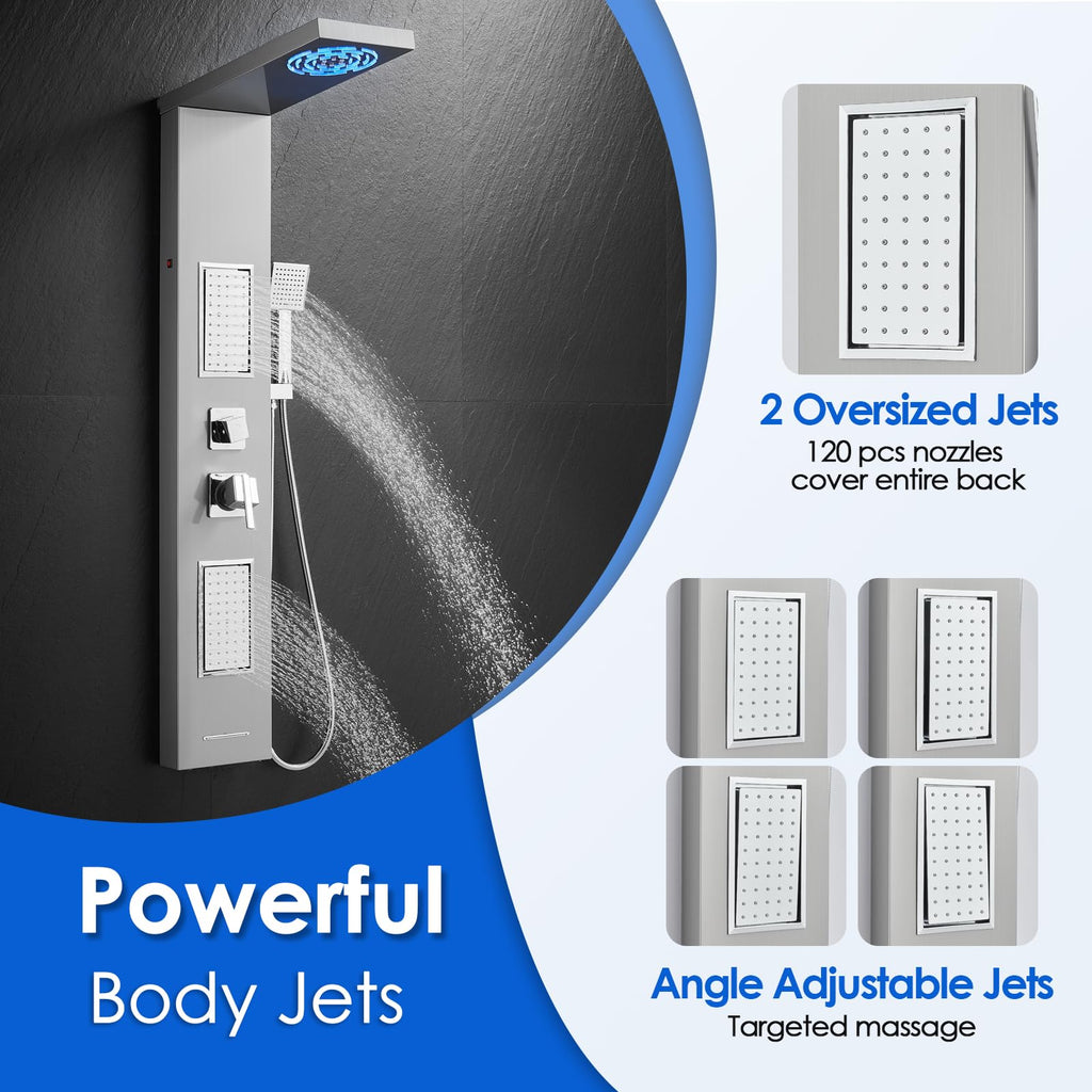 LED Shower Panel Tower System With Lights, 5 Shower Modes, Brushed