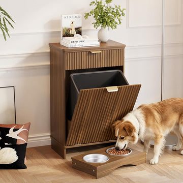 10 Gallon Tilt Out Trash Can Cabinet with Dog Bowl, Dog Food Storage Cabinet