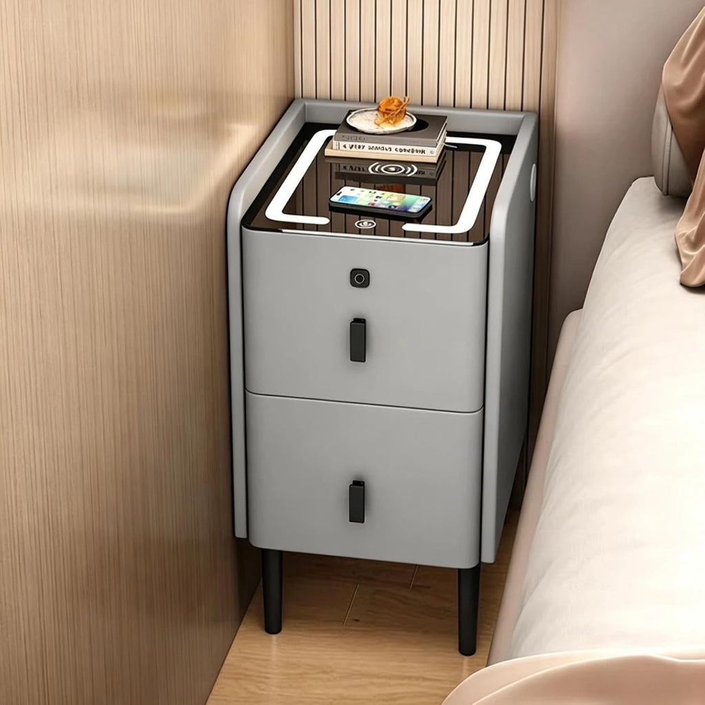 Smart Nightstand with Fingerprint Lock Drawers, Wireless Charging Support, Dual-Drawer Design, 2 USB Ports, and LED