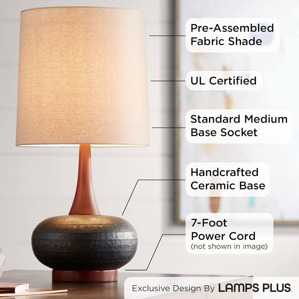 Andi Mid Century Modern Table Lamp 24.5" High Hammered Bronze Ceramic Wood Off White Tall Drum Shade Bedroom House