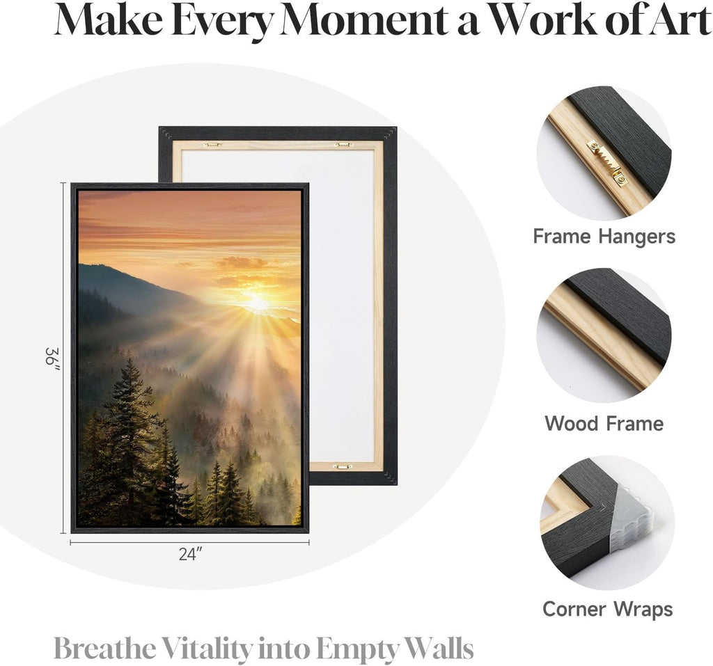 Large Framed Mountain Landscape Wall Art , 3 Piece Foggy Forest Sunset Canvas Artwork, Scenery Nature Picture Prints