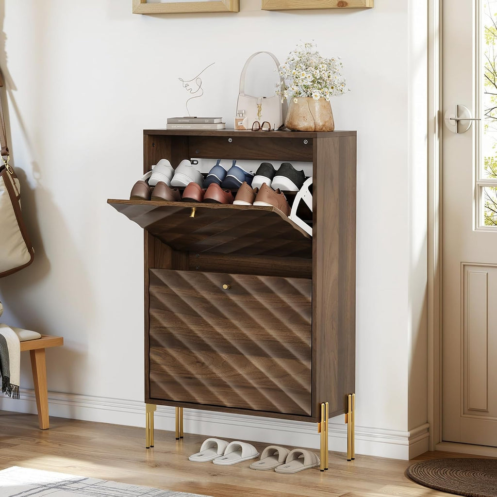 23.6 Inch Shoe Cabinet Storage Furniture: Mid-Century Modern Freestanding Organizer with Adjustable Shelves &