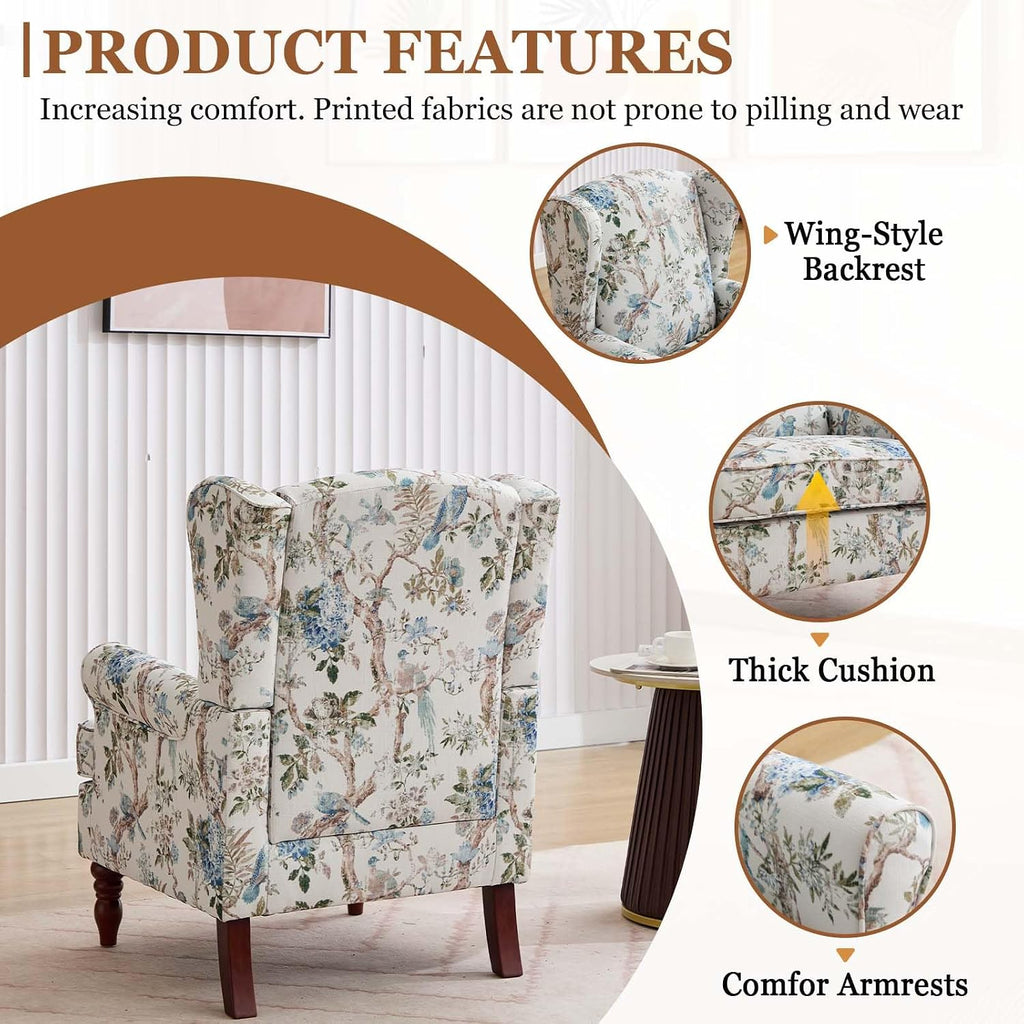 Wingback Chair with Arms (Floral Bird, A) | Floral Accent Chair|Occasional Side Chair with Tall Back|Ticken Seat